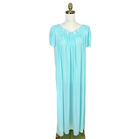 Miss Elaine Other - Vintage Miss Elaine Classics Blue Embroidered V-Neck Maxi Nightgown Womens Small